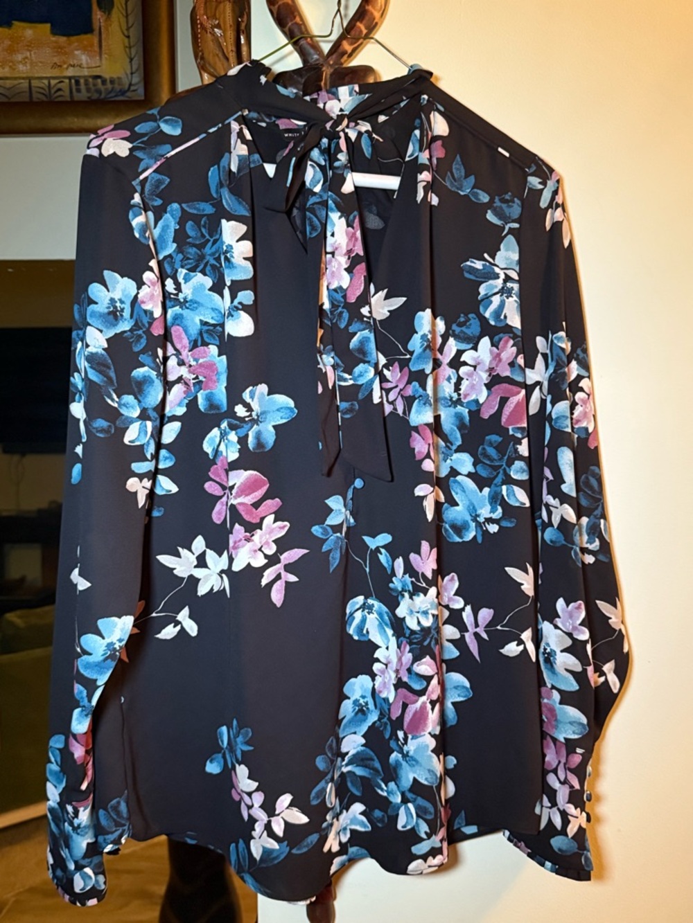White House Black Market Black Floral Tie-Neck Blouse with Blue & Pink Flowers